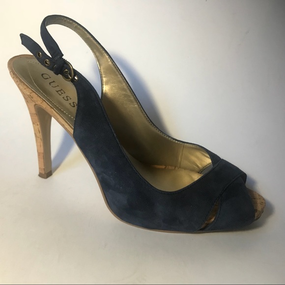 GUESS Blue Suede Cork Sling Back Peep Toe Platform - Picture 8 of 10